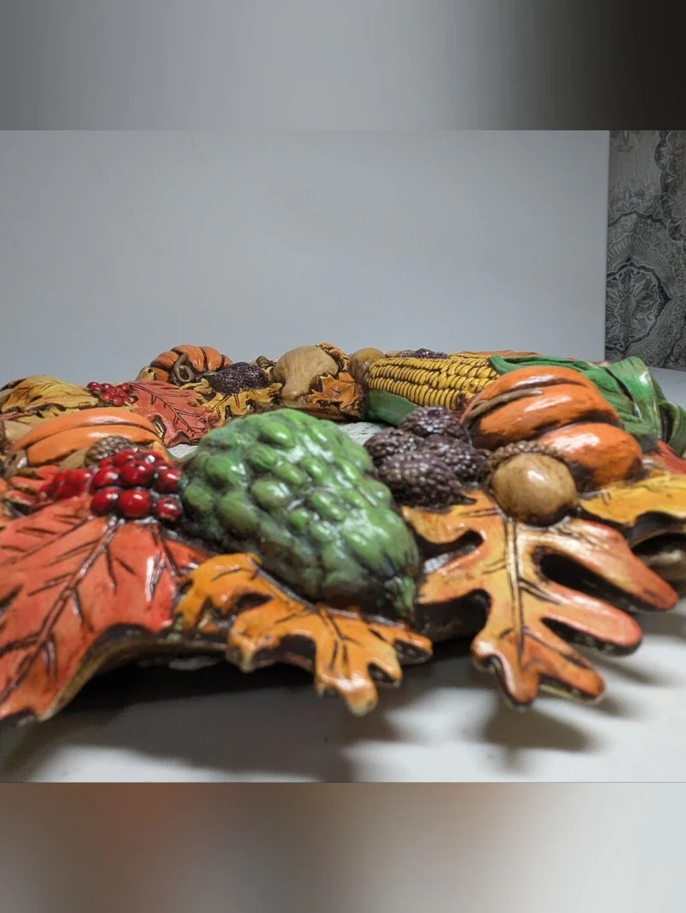 Vintage Ceramic Wreath Fall Decoration Autumn Colors Leaves Pumpkins Corn